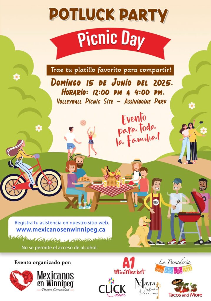 Potluck Party - Picnic Day 2025. Lugar: Assiniboine Park Fecha: 15 de junio del 2025 Hora: De 12:00pm a 4:00pm