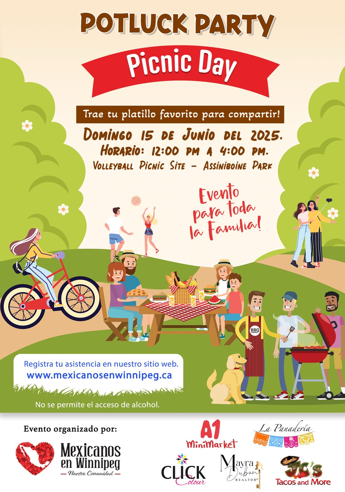 Potluck Party - Picnic Day 2025. Lugar: Assiniboine Park Fecha: 15 de junio del 2025 Hora: De 12:00pm a 4:00pm